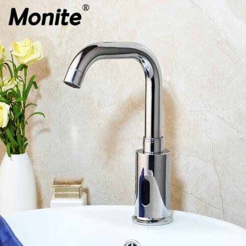 Monite Solid Brass Bathroom Automatic Touch Free Sensor Faucets Water Saving Inductive Electric Electric Power Water Mixer Taps