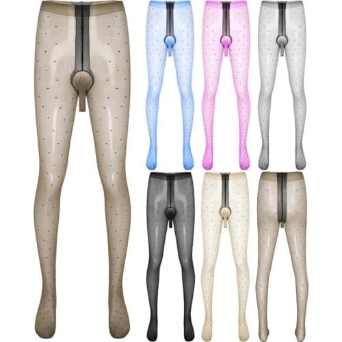 Men Glossy Sheer Dot Penis Sheath Pantyhose Oil Shiny Footed Nylons Stockings Tights Thin Sissy Underwear Lingerie