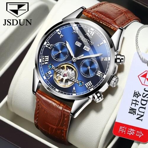 JSDUN Brand New 2021 Mens Fashion Mechanical Watch Business Automatic Watch Luminous Designer Hollow Clock Reojes De Hombre
