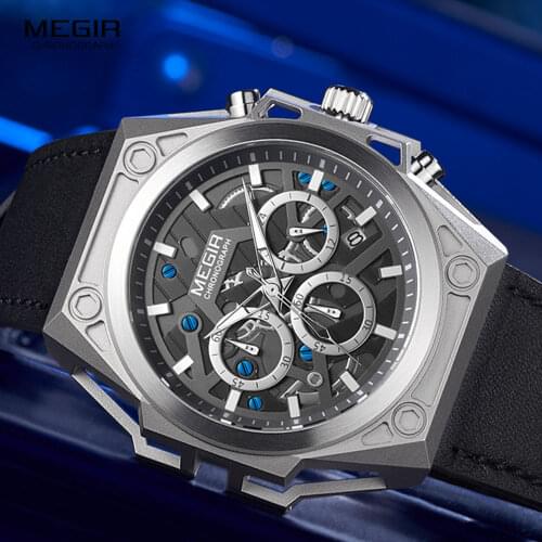 MEGIR Military Sports Watches Men 2020 Luxury Brand Leather Strap Chronograph Quartz Watch Man Fashion Waterproof Wristwatch