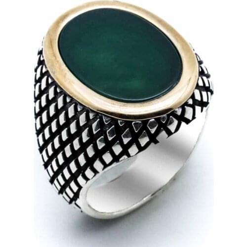 925 sterling Silver Green Agate Stone Men 'S Ring