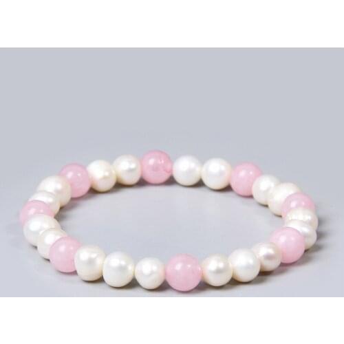 Natural Stone Rose Crystal Freshwater White Pearls Bracelet Round Beads Pink Quartz Bangles For Women Girls Lovers Jewelry Gifts