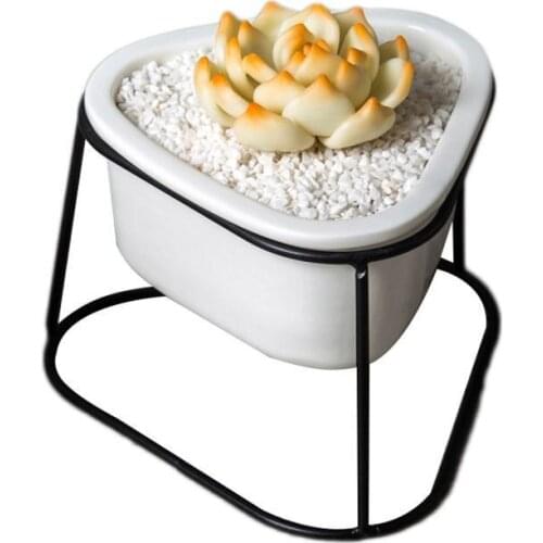 Simple Iron Arched Stand Ceramic Succulent Green Plant Round Pot Ceramic Pot Iron Stand Set Flower Plant Pot