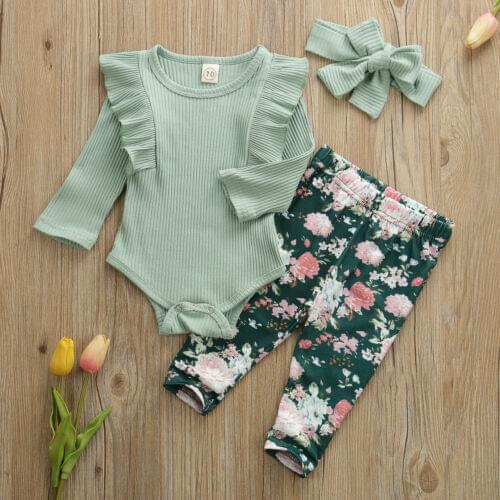 Pudcoco Newborn Baby Girl Clothes Solid Color Knitted Cotton Romper Tops Flower Print Long Pants Headband 3Pcs Outfits Clothes