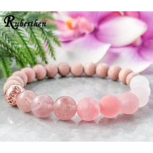 Ruberthen Pink Rose Crystal Beaded Bracelet Natural Rosewood Boho Beaded Bracelet Healing Crystals Mala Bracelet for Women