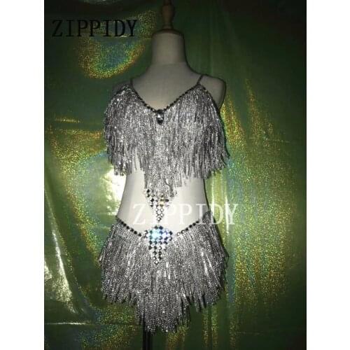 Sexy Silver Rhinestones Tassel Bodysuit Costume Nightclub Dj Celebrate Performance Outfit Crystals Wear Stage Show Leotard