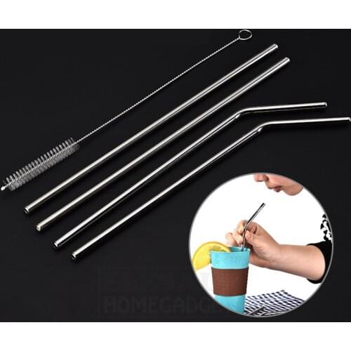 1 Set Stainless Steel Straws 9Inch Long Reusable Metal Drinking Straw For Cold Beverage Mugs Straight And Bent With Brush
