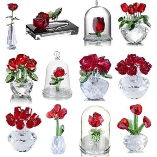H&D 12 Styles Crystal Red Flower Figurines Spring Bouquet Sculpture Ornament Souvenir Collectible Gift Home Decor Wedding Favors
