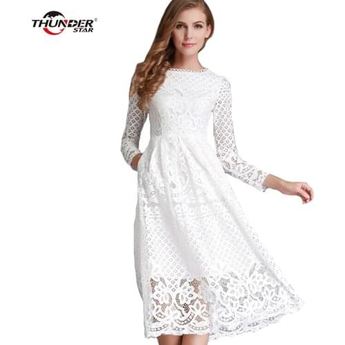 THUNDER STAR New European 2018 Spring Womens Lace Hollow Out Long Dresses Femme Casual Clothing Women Sexy Slim Party Dress LX4