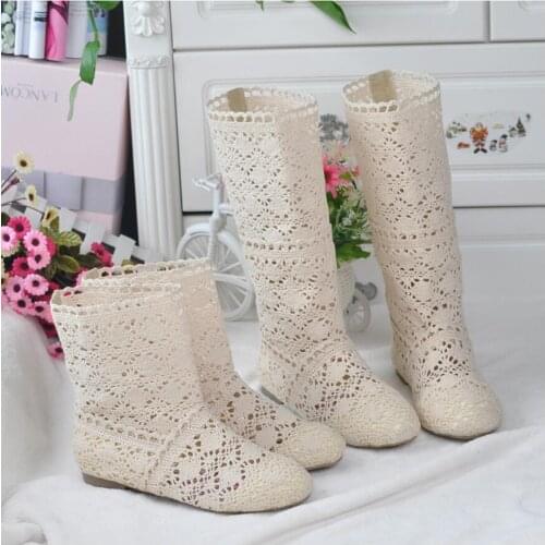 Womens spring high boots wool hollow boots fashion luxury brand summer white lace boots ladies hollow flat casual shoes