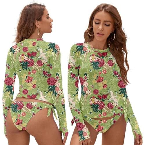 2021 Summer Surfing Swimsuit For Women Bikini Long Sleeve Swimwear Floral Print Push Up Bath Suit Two Piece Bandeau Biquini