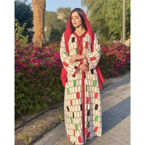 Dubai Jalabiya Plaid Print Maxi Dress For Women Moroccan Kaftan Arabic Muslim Clothes 2021 Eid Ramadan Mubarak HB485