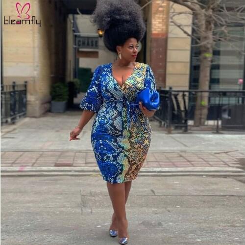 5xl Plus Size For Women Bodycon Dress Snake Printed Boho Pencil Dresses Ladies Sexy V-neck Club Party Skinny Vestidos Mujer