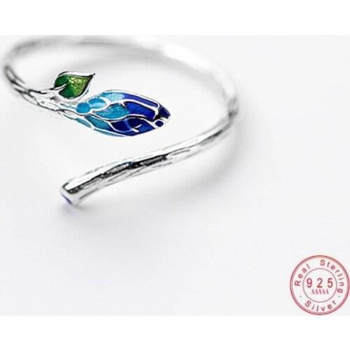 WANTME Real 925 Sterling Silver Jewelry Adjustable Opening Vintage Ethnic Color Gradient Enamel Bud Plant Leaf Rings for Women