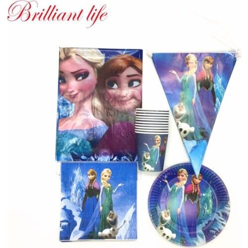 51pcs/lot Disney Queen Elsa Anna Theme Design Girl Birthday Party Cartoon Cup Plate Tissue Event Party Napkin Tablecover Supply