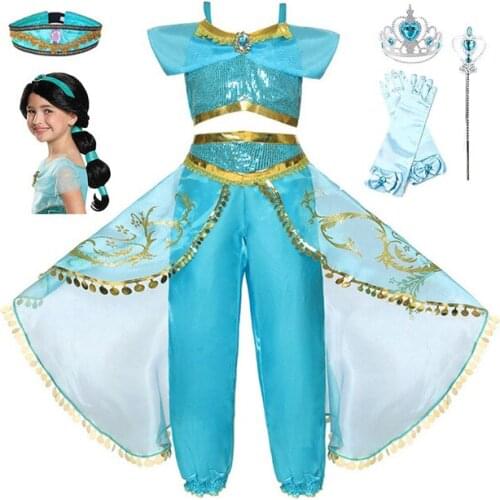 Arabian Princess Cosplay Costume Jasmine Dress for Carnival Children Fancy Outfit Girl Christmas Birthday Party Clothes with Wig