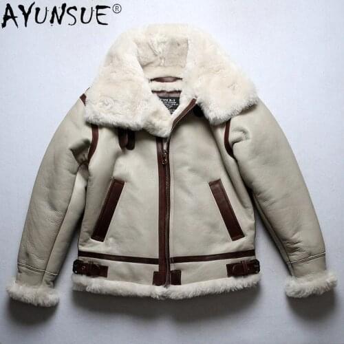 AYUNSUE Mens Sheepskin Leather Jacket Men Clothing Real Sheep Shearing Winter Jackets White Wool Fur Coat Hommes Veste LXR910