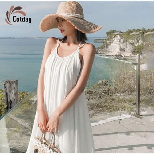 Cotday 2020 New Summer Island Sling Sleeveless Light White Backless Draped Female Beach Dress O-Neck Loose Casual For Women