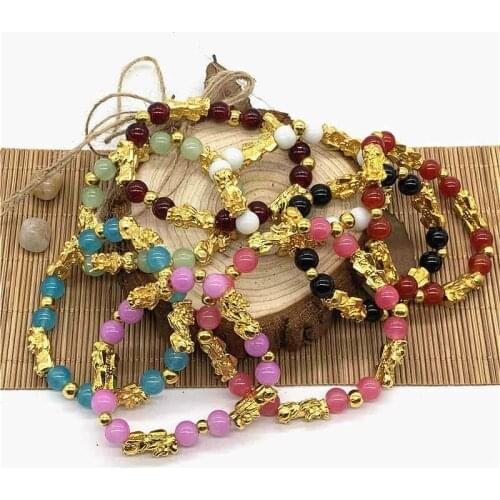 Fengshui Five Pixiu Natural Crystal Colorful Stone Bead Bracelets Women Charm Lucky Wealth Energy Elastic Rope Jewelry Bracelet