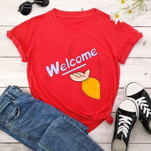 WELCOME Print T Shirt Women Short Sleeve O Neck Loose Tshirt Summer Women Causal Tee Shirt Tops TX9565