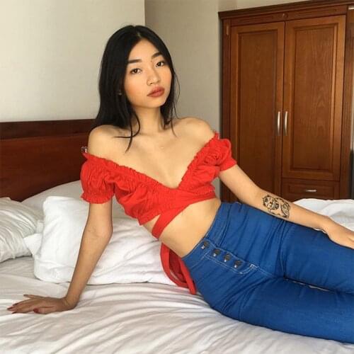 Hot Franse romantische stijl Casual tee dames Straat kleding vintage zomer Solid sexy bandage Cross bandage crop tops T-shirt