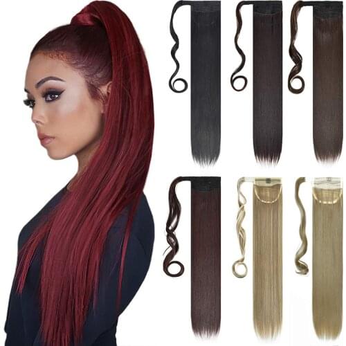 22inch Long straight Real Natural Ponytail Clip in Pony tail Hair Extensions Wrap Around on Synthetic Hair Piece