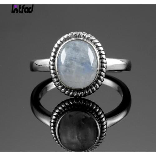 925 Sterling Silver Ring 8x10MM Oval Natural Moonstone Vintage Rings High Quality Fashion Womens Fine Jewelry