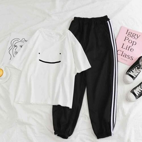 Striped Pants 2 Pcs Set Women Set Sport Femeie Blue Tracksuit Set Women Smile Print Short Sleeve Tees Summer Fitness Outfits