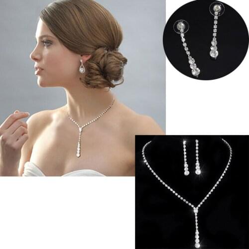 Silver Color Rhinestone Crystal Earring Necklace Set for Women Romantic Elegant Jewelry Sets Bridal Bridesmaid Wedding Jewelry