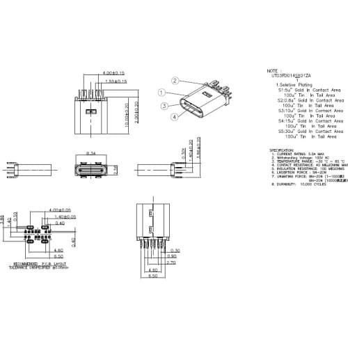 5 pcs USB 3.1 Type C Connector 14 Pin Female Socket receptacle Through Holes PCB 180 Vertical Shield USB-C