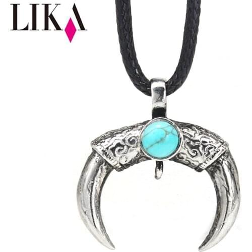LIKA Bull Horns Alloy Pendant Turquoise Necklace Alloy Gemstone Pendant Wax Rope Animal Shape Pendant Necklace Jewelry