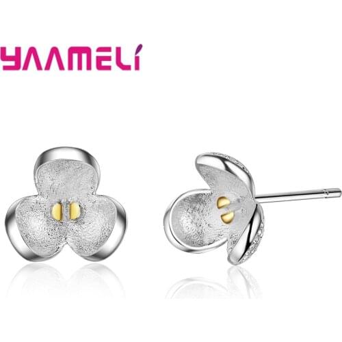 Cute Three Leaves Flower Women Girl Stud Earrings Real 925 Silver Cute Pierced Brincos Jewelry Sweet Birthday Xmas Gifts