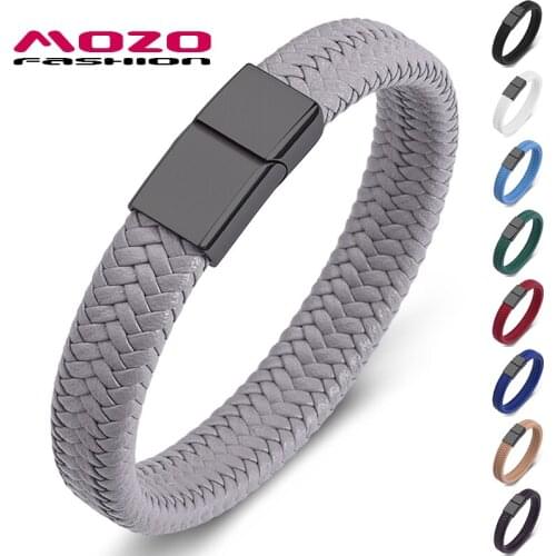 Fashion Punk Men Jewelry Gray Braided Leather Bracelet Black Stainless Steel Magnetic Clasp Women Bangles 161