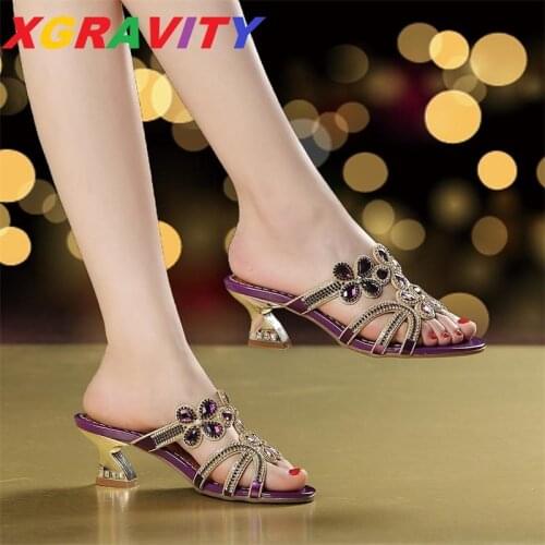 D08 XGRAVITY New Summer Shoes Elegant Strange Heel Pumps Rhienstone Sexy Ladies Slippers Chunky High Heeled Slides For Ladies