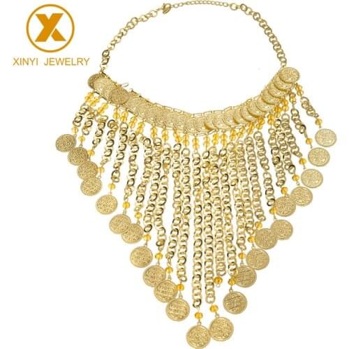Classic Arabic character coin necklace with gold zinc alloy made for ladies custom champagne bead jewelry