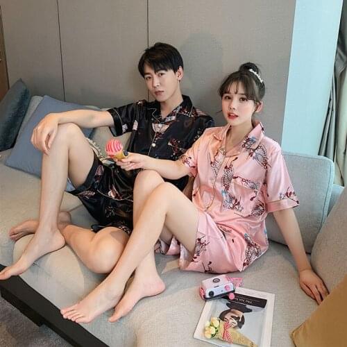 Sleepwear Women Silk Pajamas 2021 Summer V-Neck Short Sleeve Sleepshirt Couple Shorts Nightgowns Night Wear Suit Mens Home Set