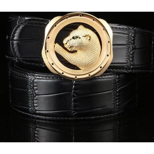 New Men Top leather COWSKIN belt simple leisure business mens and womens universal belt luxury stainless steel cheetah buckle