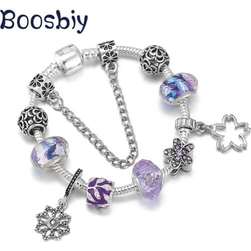 DIY Blooming Flower Charm Beads Fit Silver Color Snake Chain Charm Bracelet European Style Brand Simple Jewelry Gift For Women
