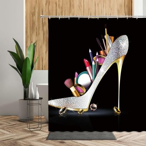 Gold Crystal High Heels Bath Shower Curtains Fashion Diamonds Black Backdrop Waterproof Fabric Curtain For Girls Bathroom Decor