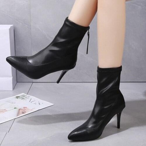 Rimocy Pu Leather Thin High Heels Ankle Boots for Women Elegant Pointed Toe Stiletto Heel Boots Woman Fashion Back Zipper Botas