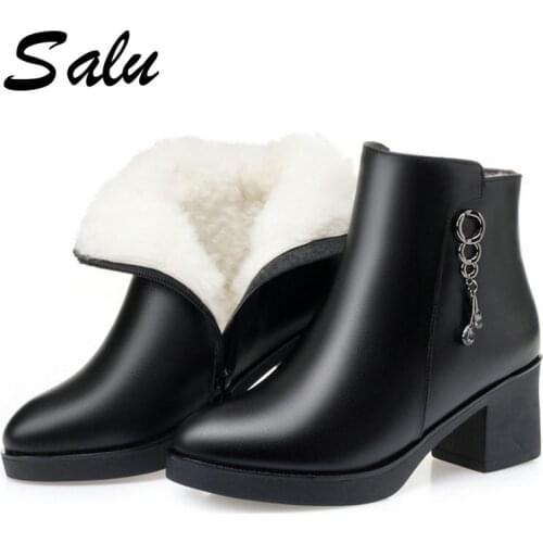 2021 Black Ankle Boots Women Platform Winter Genuine Leather Snow Boots high Heel Luxury Wool Boots Female