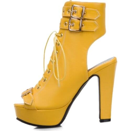 Fashion Peep Toe Ankle Boots For Women Shoes Sexy High Heels Platform Summer Boots Women Buckle Yellow White Blue Shoes Female