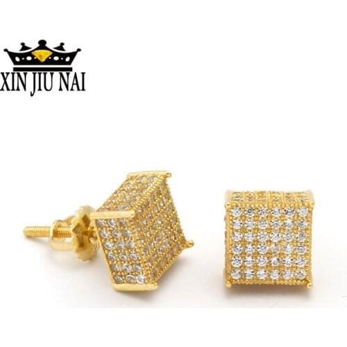 Silver 925 Ear Studs Hip Hop Studs Women 14K Gold Plated Square Zircon Full Diamond Earrings Women Men Fashion Luxury Gold Bling
