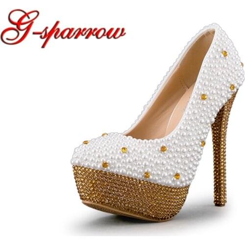 Woman High Heels Plus Size Gold Rhinestone Platforms Wedding Shoes White Pearl Bride Dress Shoes Handmade Craftsman Pumps