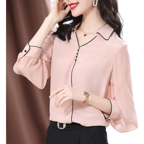 Womens Spring Autumn Style Silk Blouses Shirt Womens Solid Color Button V-Neck Long Sleeve Korean Loose Tops DD9077