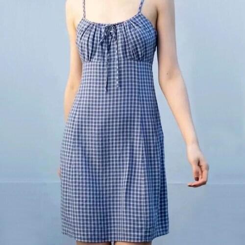 Women Flowy Fit Adjustable Strap Plaid Mini Dress With An Invisible Side Zipper And Drawstring Detail A344