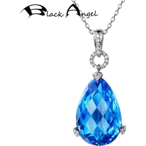 BLACK ANGEL Water Drop Shape Gemstone Birthstone Choker Sky Blue Topaz Sapphire 925 Silver Pendant Necklace For Women Jewelry