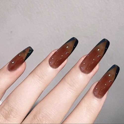 24pcs Red Black Fake Nail Patch Glue Type Removable Long Paragraph Fashion Manicure Save Time False Nail Patch MPwell