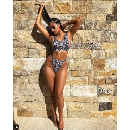 AHVIT Summer Sandbeach Swimwear Set Two Piece Set Leopard Print Sleeveless Vests Crop Top And Bodycon Panties Women MY-K9325