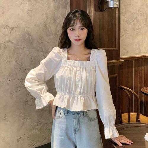 Blouse Women Autumn Square Collar Short Long Sleeve Shirt Top Women Blusas Mujer De Moda